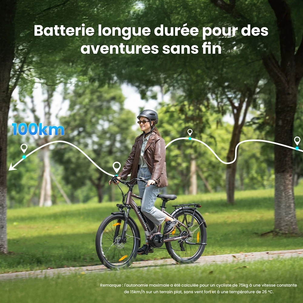 Touroll MA2 Vélo électrique, moteur central 250 W, batterie 36 V 13 Ah, pneus 27,5 pouces, vitesse maximale 25 km/h, autonomie maximale 100 km, frein à disque hydraulique, fourche à suspension avec blocage, transmission Shimano 7 vitesses - Marron