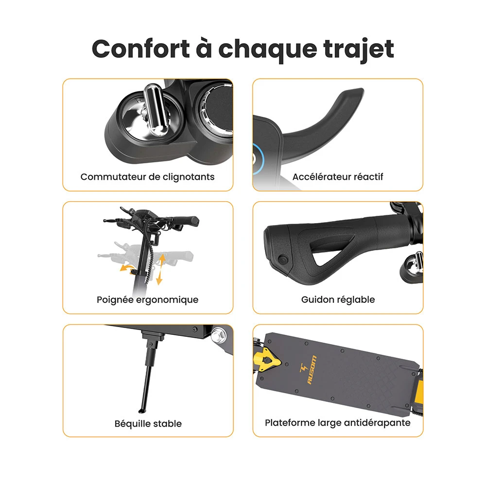Ausom L1 Trottinette électrique, moteur 800 W, batterie 48 V 15,6 Ah, pneus 10 pouces, vitesse maximale 45 km/h, autonomie 70 km, freins à disque avant et arrière, suspension à double bras oscillant, verrouillage NFC et code d'accès