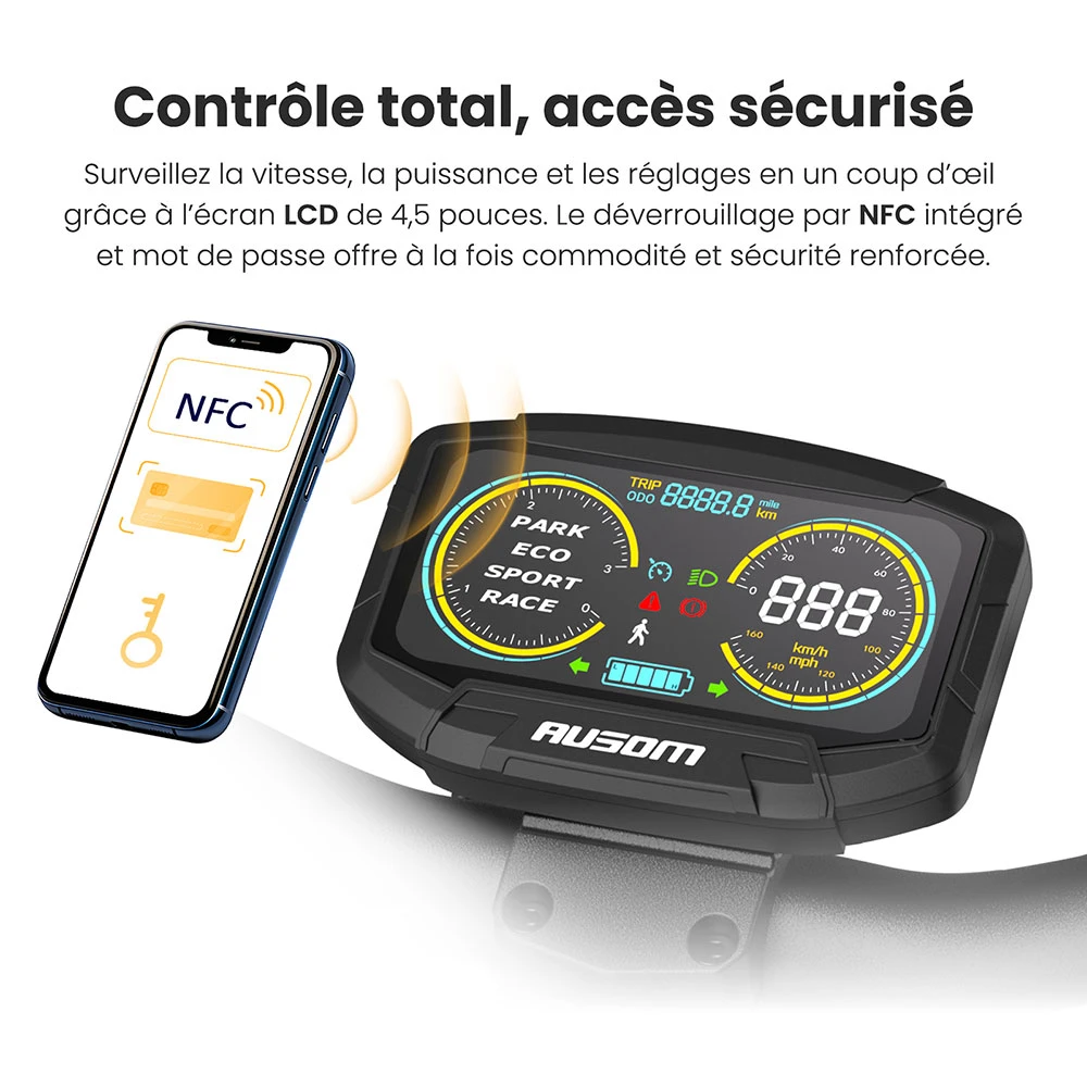 Ausom L1 Trottinette électrique, moteur 800 W, batterie 48 V 15,6 Ah, pneus 10 pouces, vitesse maximale 45 km/h, autonomie 70 km, freins à disque avant et arrière, suspension à double bras oscillant, verrouillage NFC et code d'accès