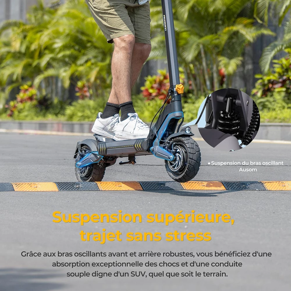 Ausom L2 Trottinette électrique, moteur 2 x 800 W, batterie 48 V 15,6 Ah, pneus 10 pouces, vitesse maximale 55 km/h, autonomie 70 km, freins à disque avant et arrière, suspension à bras oscillant, écran LCD