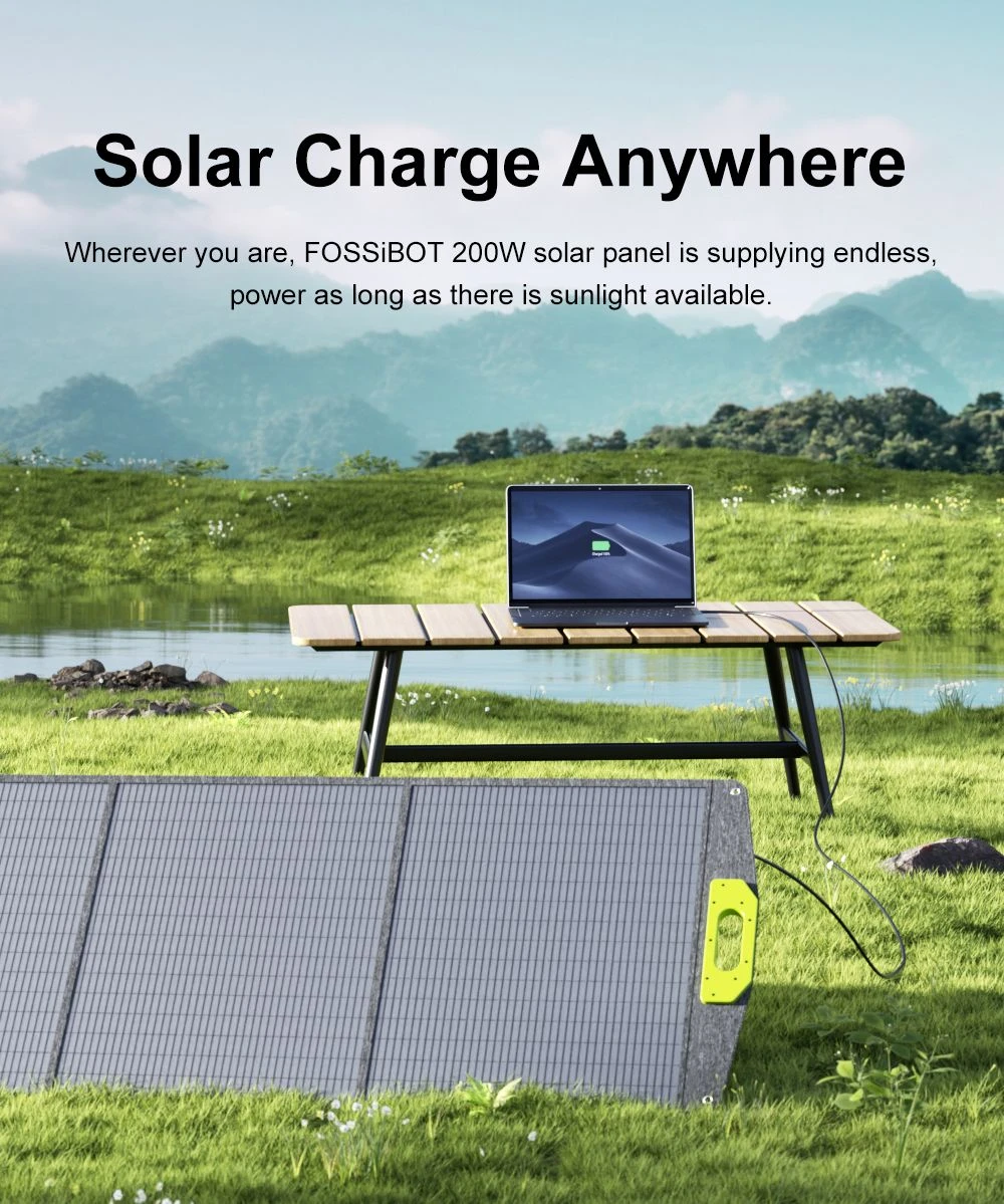FOSSiBOT SP200 (Nouveau) 200W Panneau solaire pliable, Rendement cellulaire élevé 23,4%, Revêtement ETFE, Supports réglables pour maison, camping-car, camping, panne - Vert