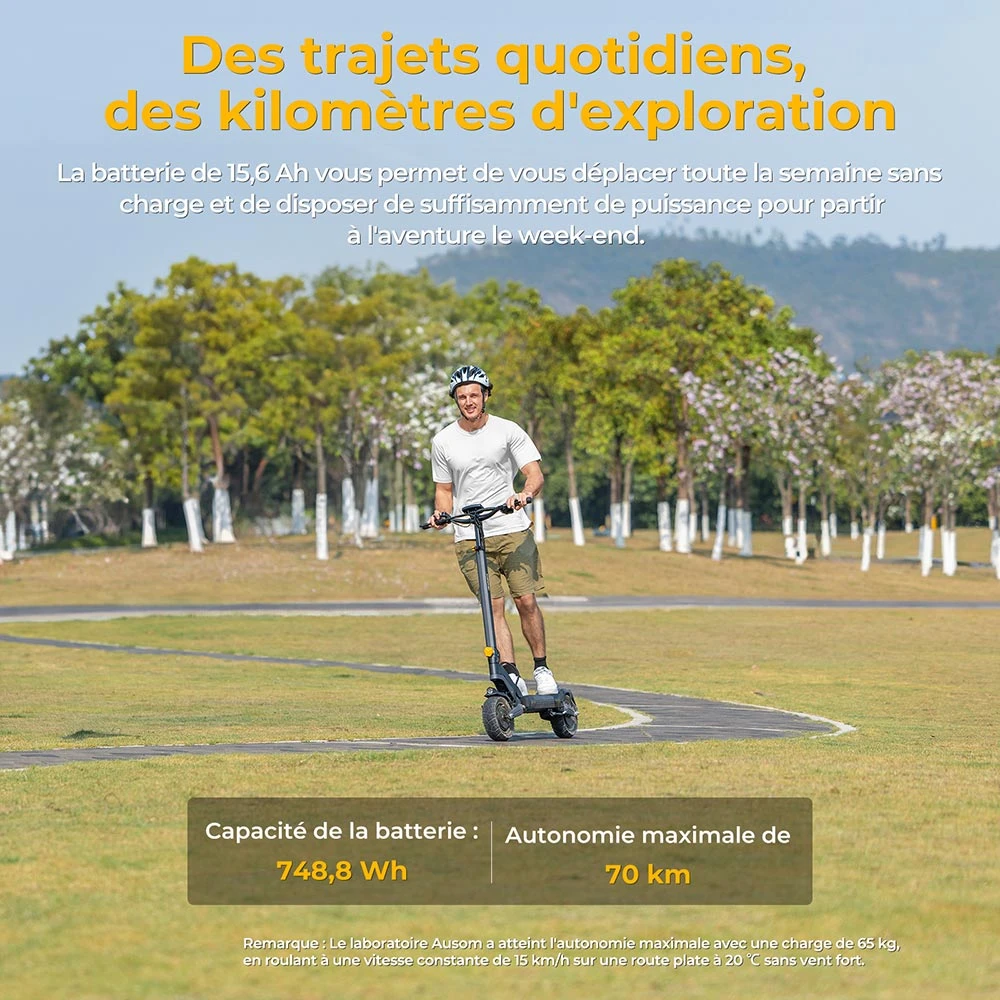 Ausom L2 Trottinette électrique, moteur 2 x 800 W, batterie 48 V 15,6 Ah, pneus 10 pouces, vitesse maximale 55 km/h, autonomie 70 km, freins à disque avant et arrière, suspension à bras oscillant, écran LCD