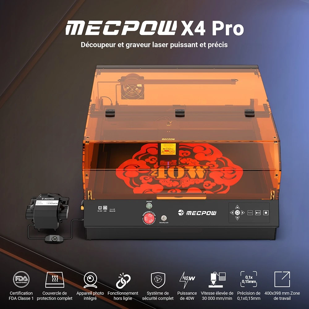 Mecpow X4 Pro 40W Graveur Laser, Classe 1 FDA, Avec Caméra, 400*398mm