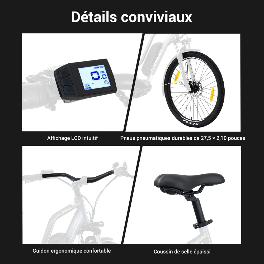 Touroll MA2 Vélo électrique, moteur central 250 W, batterie 36 V 13 Ah, pneus 27,5 pouces, vitesse maximale 25 km/h, autonomie maximale 100 km, frein à disque hydraulique, fourche à suspension avec blocage, transmission Shimano 7 vitesses - Marron
