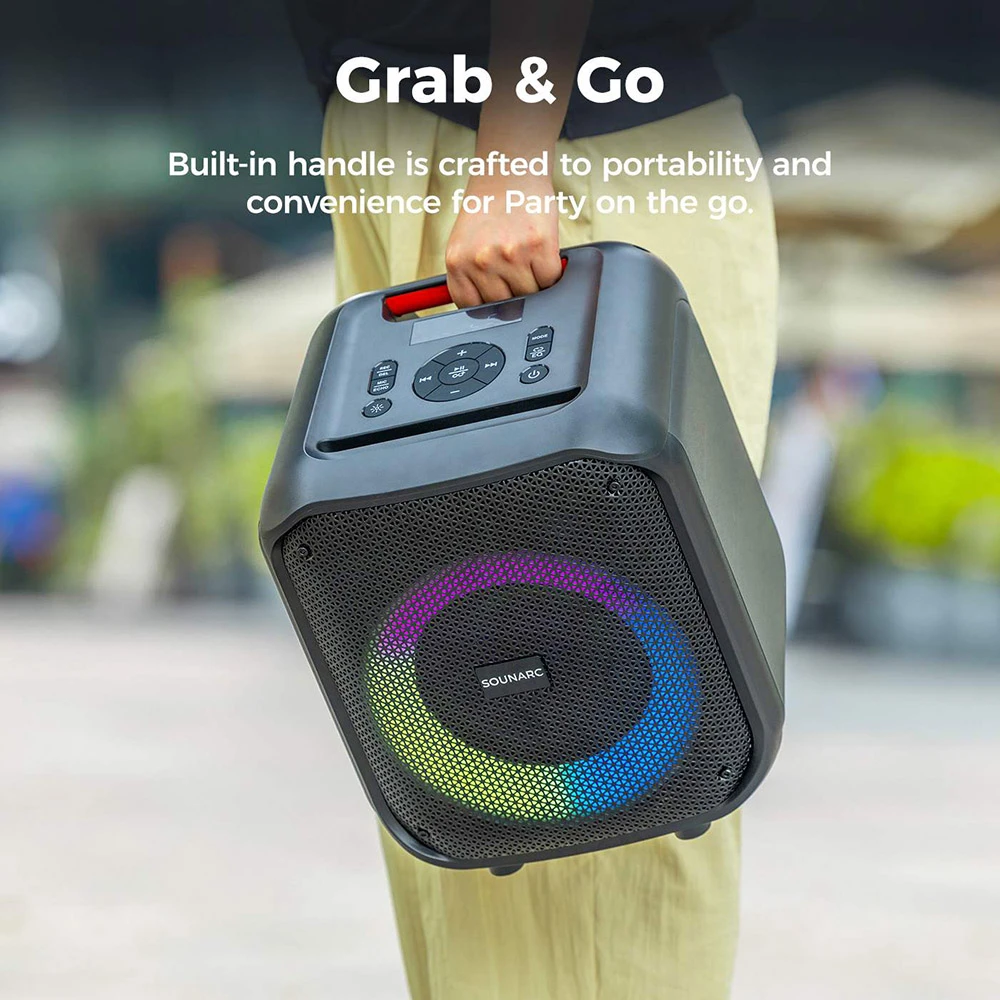 Sounarc L1 Party-Lautsprecher – Kompakte Leistung, endlose Partys 5 Ein Bild, das die 12-stündige Akkulaufzeit und den 8000-mAh-Akku des Sounarc L1 hervorhebt.