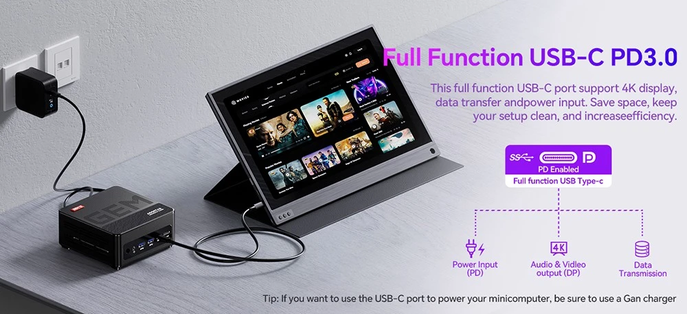 AOOSTAR GEM12 Max Mini PC Barebone (No RAM No SSD), AMD Ryzen 7 8745HS 8 Core Max 4.9GHz, Dual 2.5G LAN, WiFi 6, Bluetooth 5.2, HDMI 2.1 + 2*USB4 + DP1.4 4K@120Hz 4 Screens Display, 1*OCuLink, 2*USB3.2, 2*USB2.0, 1*Headphone Jack