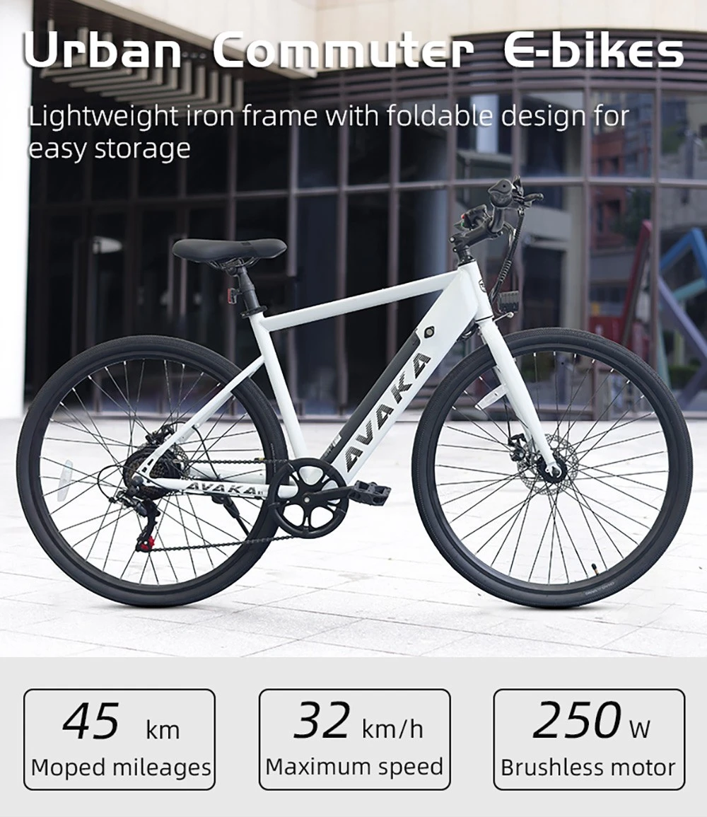 AVAKA R1 Electric Bike, 250W Motor, 36V 7.8Ah Battery, 700C Tires, Max Speed 32km/h, Max Range 45km, Mechanical Disc Brake, Shimano 7-Speed, Smart LCD Display - White