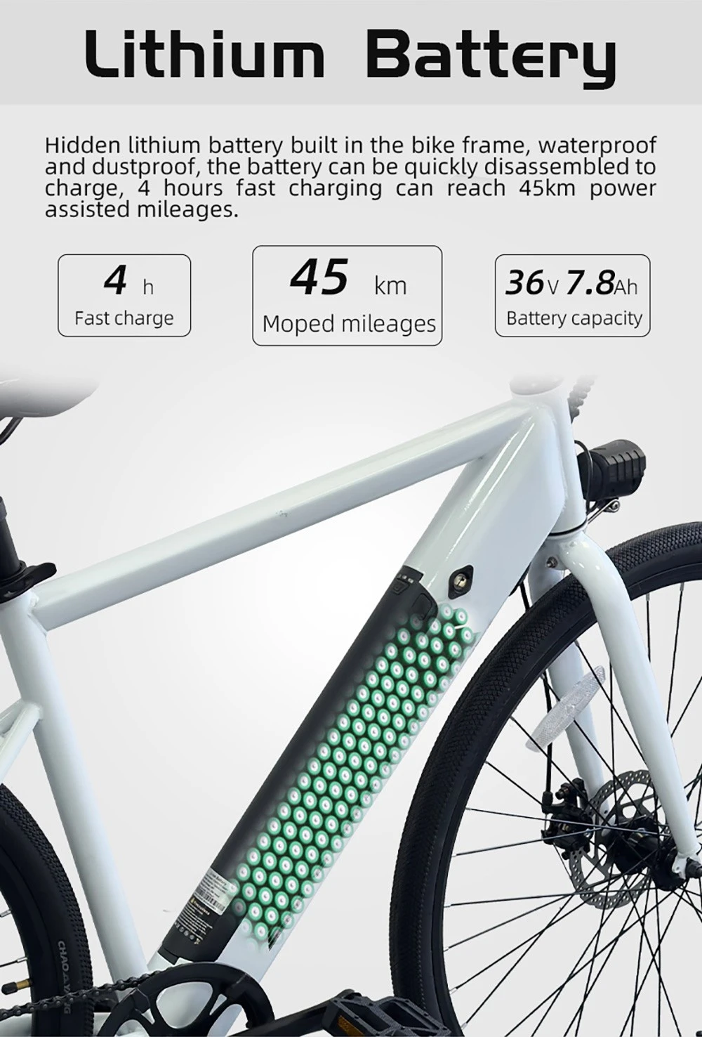 Bicicletta elettrica AVAKA R1, motore da 250 W, batteria da 36 V 7.8 Ah, pneumatici da 700 C, velocità massima 32 km/h, autonomia massima 45 km, freno a disco meccanico, Shimano a 7 velocità, display LCD intelligente - Bianco