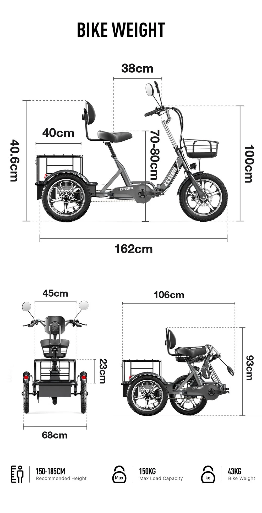 Cysum T1 Pro Electric Tricycle, 250W Motor, 48V 22Ah Battery, 16 x 2.3 Inch Tires, 25km/h Top Speed, 150km Range, Disc Brakes, LCD Display