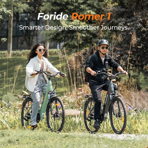 Foride Roamer 1 Step-thru Electric Bike, 250W Motor, 36V 13Ah Battery, 27.5 inch Tires, 25km/h Max Speed, 100km Max Range, Disc Brake, Suspension with Lockout, Shimano 7-speed - Green