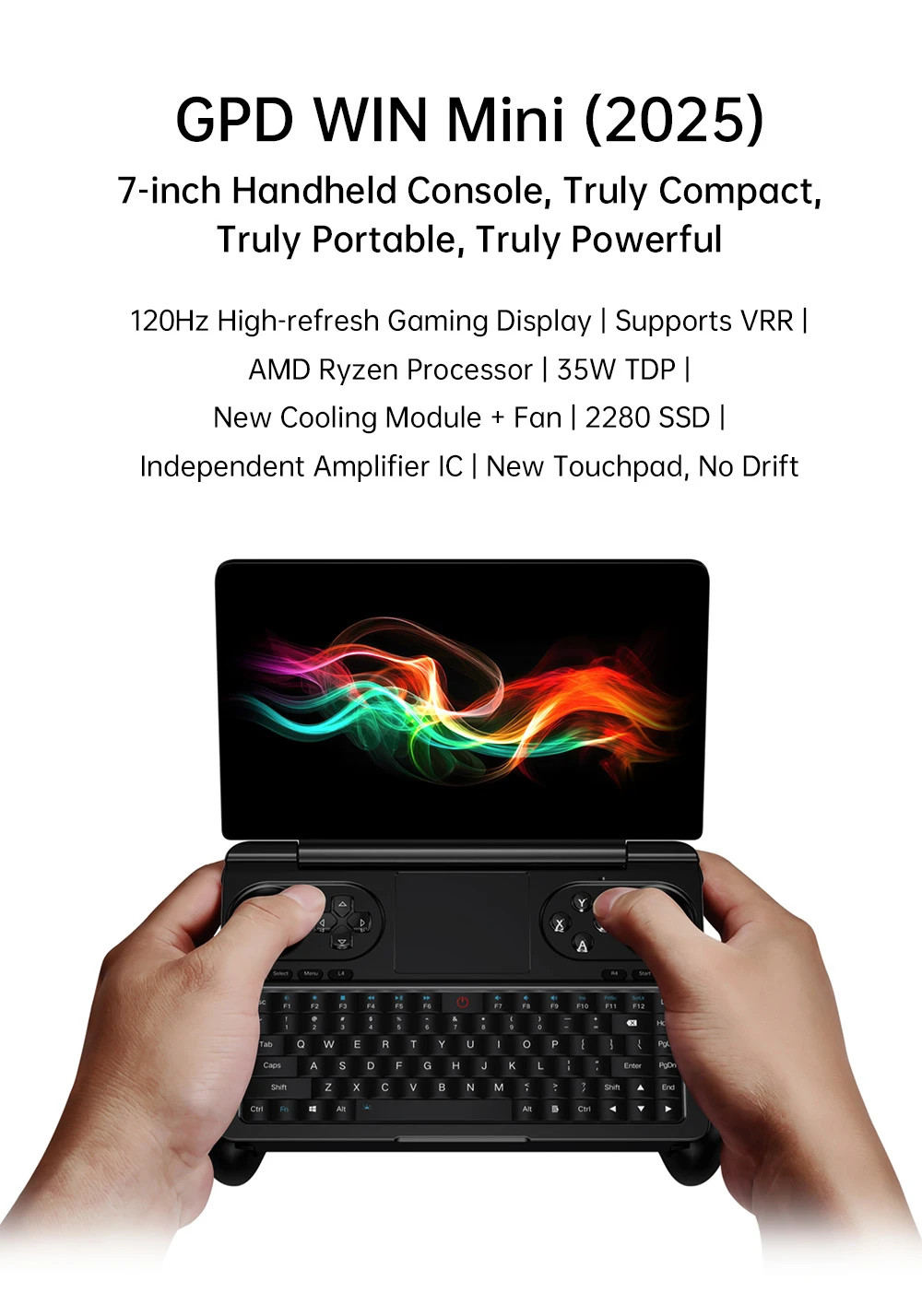 Console de jeu portable GPD WIN Mini (2025), écran 7'' 1920x1080, AMD Ryzen AI 9 HX 370 12 cœurs, fréquence max. 5,1 GHz, 120 Hz, 64 Go de RAM LPDDR5x, SSD 2 To, Wi-Fi 6E, Bluetooth 5.3, haut-parleurs hyper-linéaires, 1 port USB 4, 1 port USB 3.2 Type-C, 1 port USB Type-A, 1 port MicroSD - Noir, prise UE