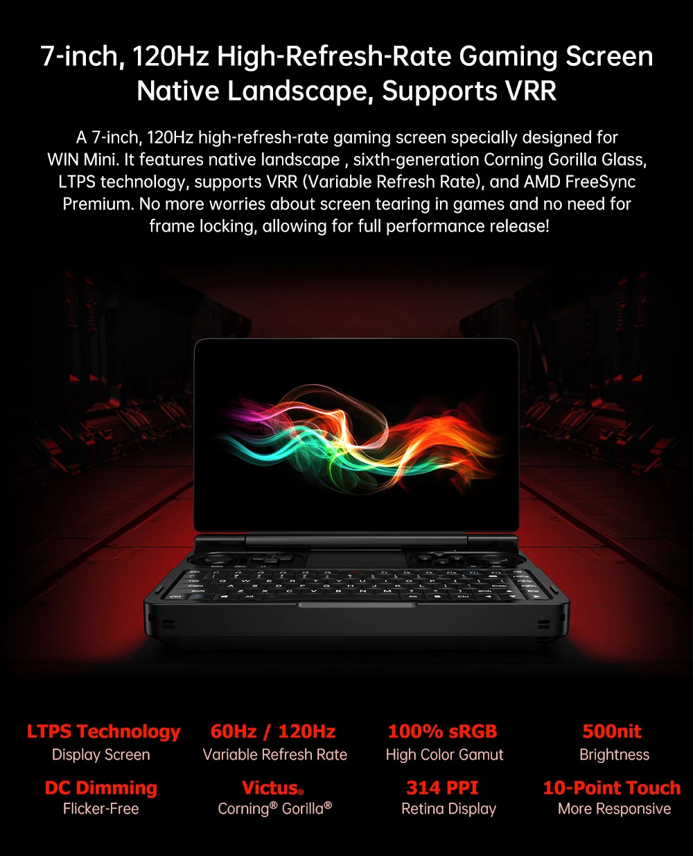 Console de jeu portable GPD WIN Mini (2025), écran 7'' 1920x1080, AMD Ryzen AI 9 HX 370 12 cœurs, fréquence max. 5,1 GHz, 120 Hz, 64 Go de RAM LPDDR5x, SSD 2 To, Wi-Fi 6E, Bluetooth 5.3, haut-parleurs hyper-linéaires, 1 port USB 4, 1 port USB 3.2 Type-C, 1 port USB Type-A, 1 port MicroSD - Noir, prise UE