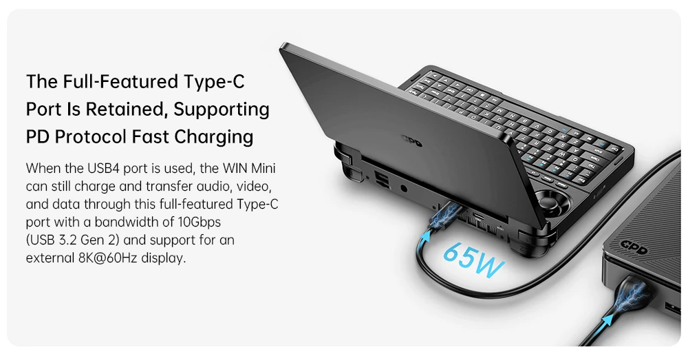 Console de jeu portable GPD WIN Mini (2025), écran 7'' 1920x1080, AMD Ryzen AI 9 HX 370 12 cœurs, fréquence max. 5,1 GHz, 120 Hz, 64 Go de RAM LPDDR5x, SSD 2 To, Wi-Fi 6E, Bluetooth 5.3, haut-parleurs hyper-linéaires, 1 port USB 4, 1 port USB 3.2 Type-C, 1 port USB Type-A, 1 port MicroSD - Noir, prise UE