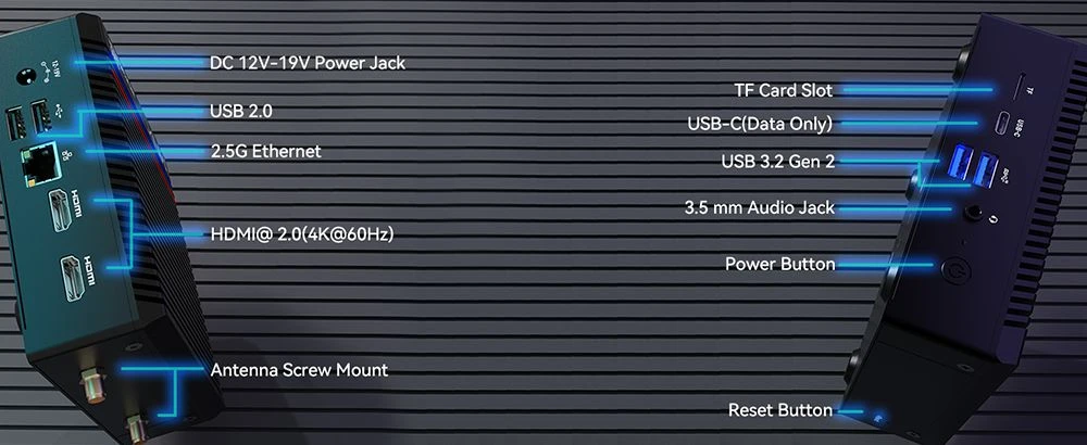 Mini PC sans ventilateur MINIX Z150-0dB, Intel N150 4 cœurs, 3,6 GHz max., 8 Go de RAM, SSD 256 Go, 2 ports HDMI 4K à 60 Hz, double écran, Wi-Fi 6, Bluetooth 5.2, 1 port USB-C, 2 ports USB 3.2, 2 ports USB 2.0, 1 port RJ45, 1 prise audio, 2 antennes Wi-Fi externes