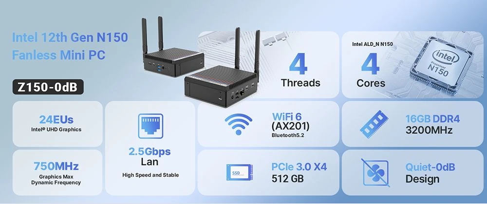 Mini PC sans ventilateur MINIX Z150-0dB, Intel N150 4 cœurs, 3,6 GHz max., 8 Go de RAM, SSD 256 Go, 2 ports HDMI 4K à 60 Hz, double écran, Wi-Fi 6, Bluetooth 5.2, 1 port USB-C, 2 ports USB 3.2, 2 ports USB 2.0, 1 port RJ45, 1 prise audio, 2 antennes Wi-Fi externes