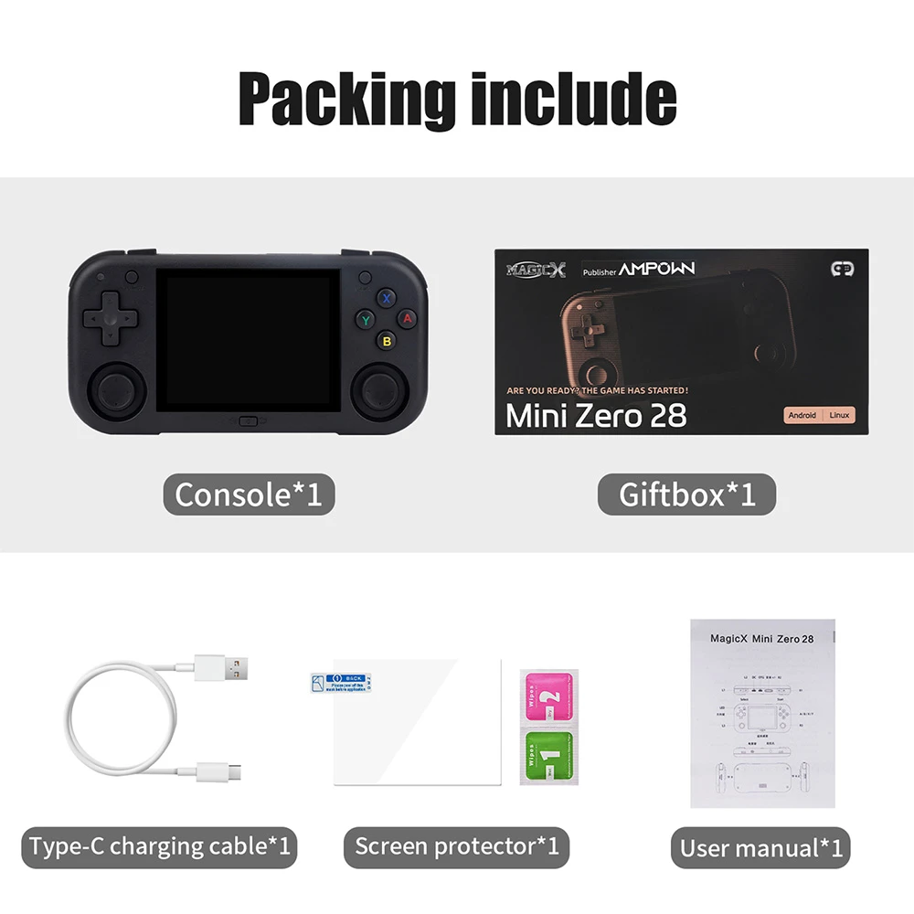 Magicx Mini Zero 28 V2 Retro Game Console, 2.8 inch 640-480 IPS Screen, 7 Hours Playtime, 64GB Storage - Black