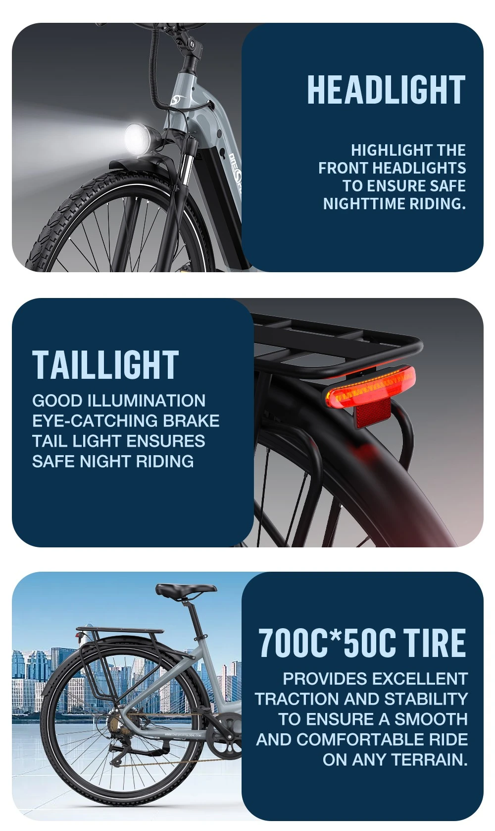ONESPORT OT05 Pro Electric Bike, 250W Motor, 36V 22.5Ah Battery, 700*50C Tires, 25km/h Max Speed, 140km Range, Hydraulic Disc Brakes, Front Suspension Fork, Shimano 7-speed - Grey