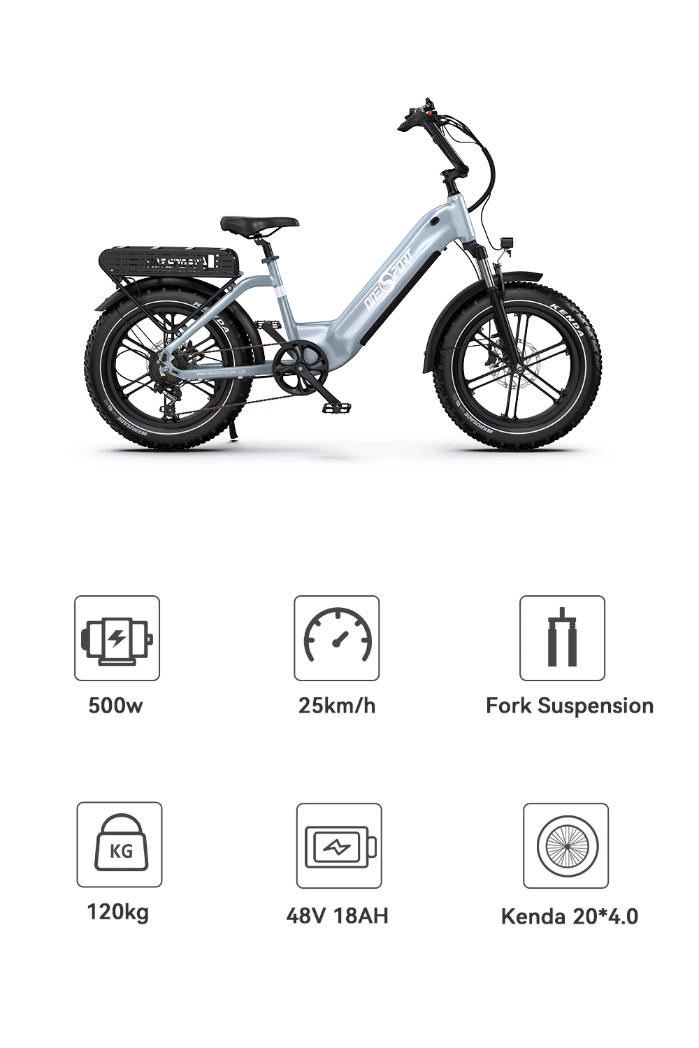 Bici elettrica ONESPORT OT08, motore da 500 W, batteria da 48 V 18 Ah, pneumatici da 20 x 4,0 pollici, velocità massima 25 km/h, autonomia massima 90 km, freni a disco idraulici, forcella ammortizzata, cambio Shimano a 7 velocità - Grigio