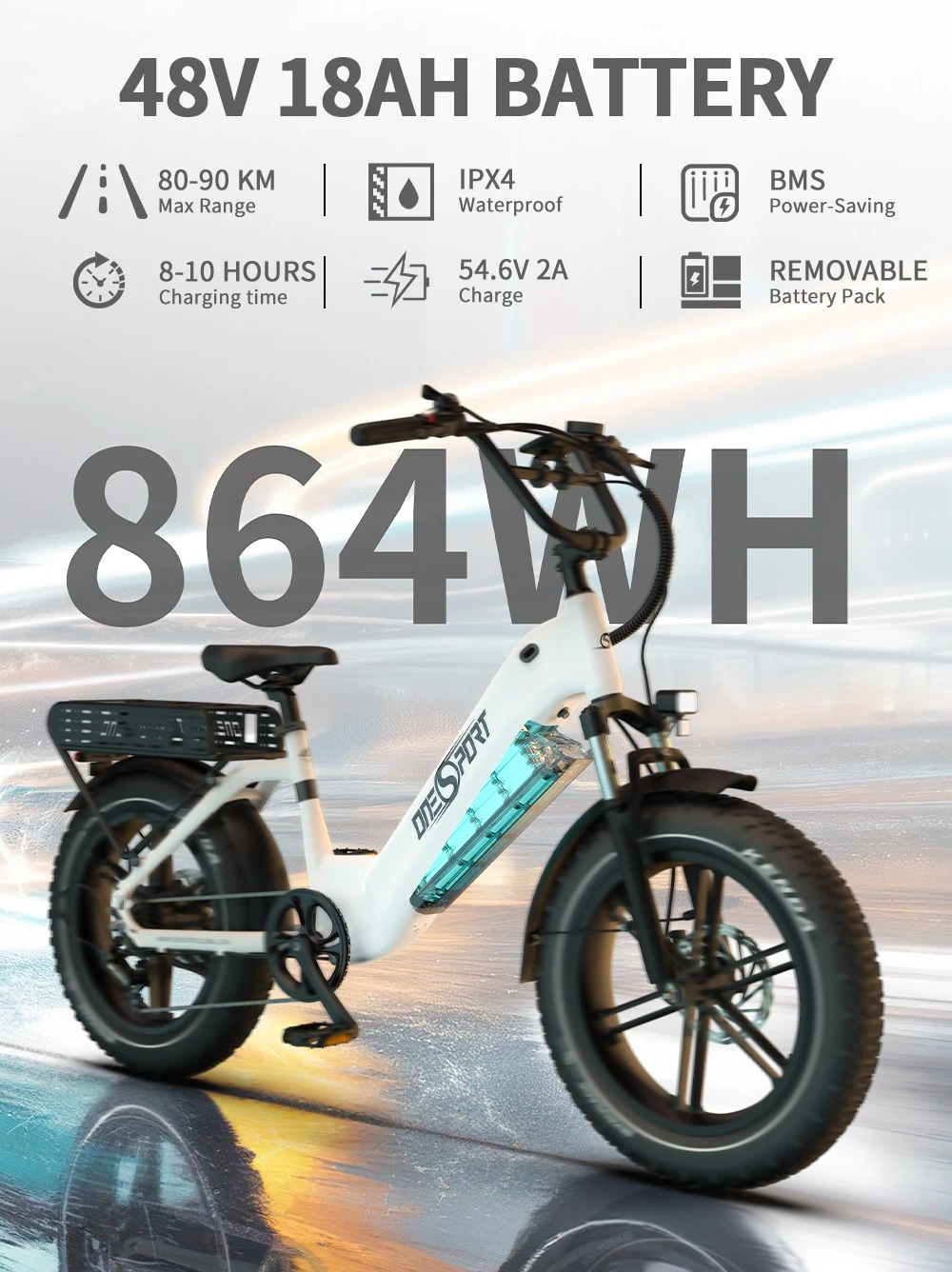 Bici elettrica ONESPORT OT08, motore da 500 W, batteria da 48 V 18 Ah, pneumatici da 20 x 4,0 pollici, velocità massima 25 km/h, autonomia massima 90 km, freni a disco idraulici, forcella ammortizzata, cambio Shimano a 7 velocità - Grigio