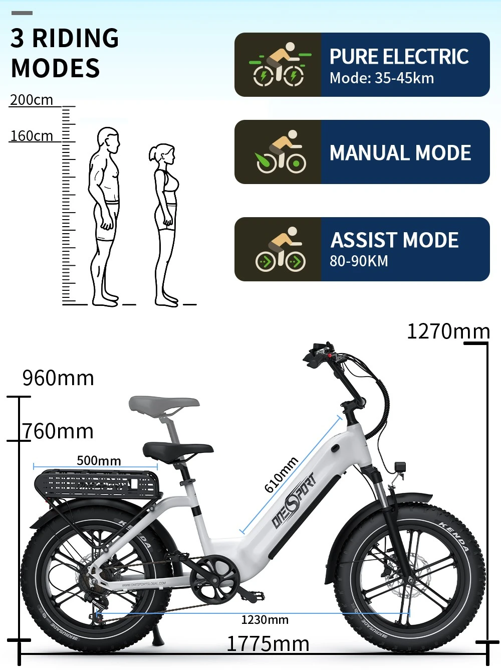 Bici elettrica ONESPORT OT08, motore da 500 W, batteria da 48 V 18 Ah, pneumatici da 20 x 4,0 pollici, velocità massima 25 km/h, autonomia massima 90 km, freni a disco idraulici, forcella ammortizzata, cambio Shimano a 7 velocità - Grigio