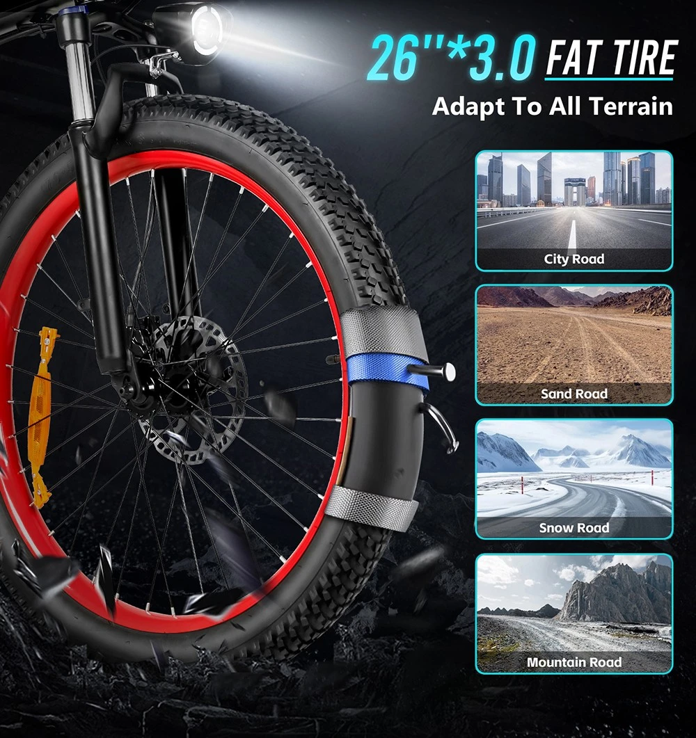 Vélo électrique Samebike LO26-Plus, moteur 1000 W, batterie 48 V 15 Ah, pneus 26 pouces, vitesse maximale 45 km/h, autonomie 100 km, freins à disque hydrauliques, double suspension réglable, Shimano 7 vitesses - Noir