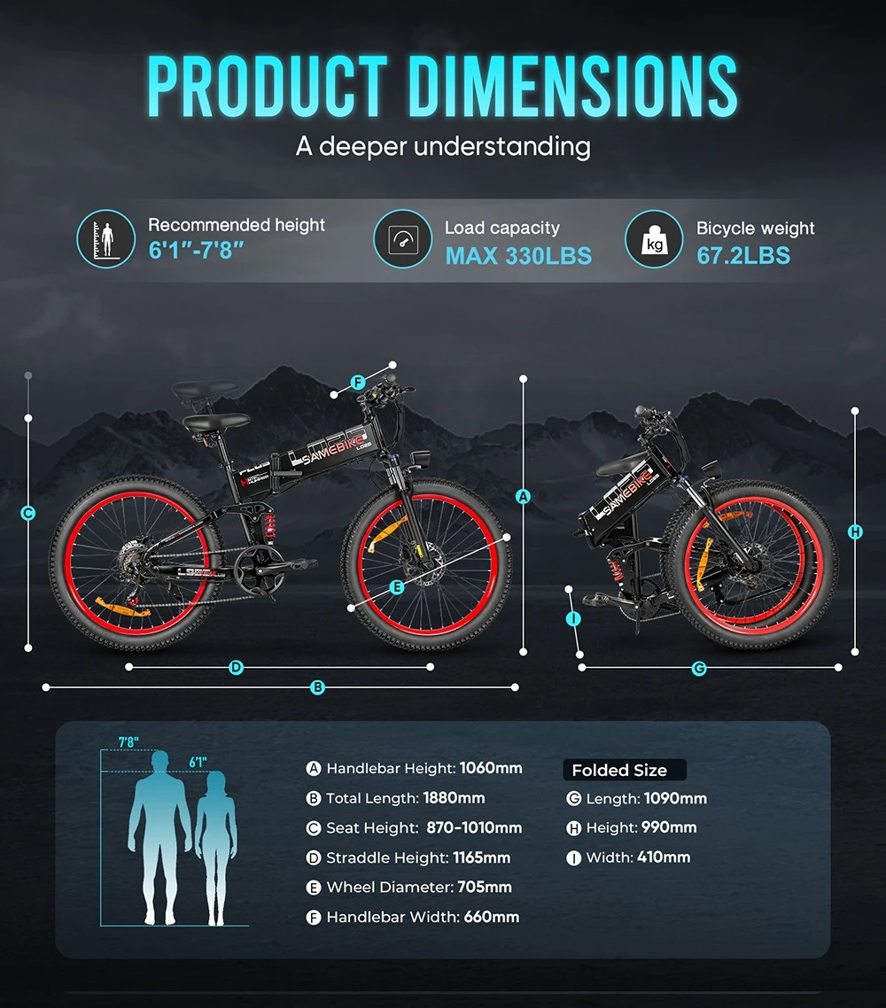 Vélo électrique Samebike LO26-Plus, moteur 1000 W, batterie 48 V 15 Ah, pneus 26 pouces, vitesse maximale 45 km/h, autonomie 100 km, freins à disque hydrauliques, double suspension réglable, Shimano 7 vitesses - Noir