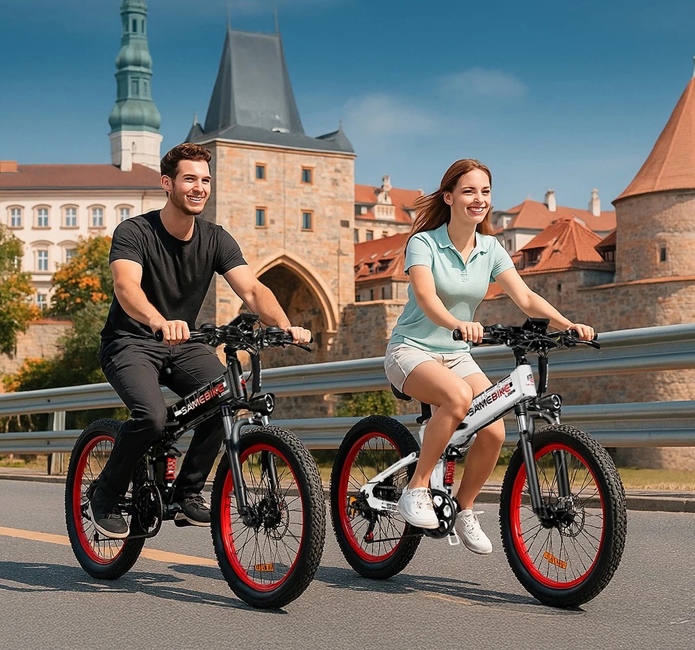 Vélo électrique Samebike LO26-Plus, moteur 1000 W, batterie 48 V 15 Ah, pneus 26 pouces, vitesse maximale 45 km/h, autonomie 100 km, freins à disque hydrauliques, double suspension réglable, Shimano 7 vitesses - Noir