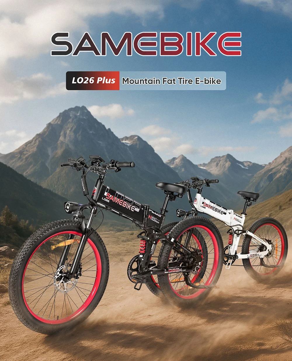SAMEBIKE LO26-Plus Electric Bike, 1000W Motor, 48V 15Ah Battery, 26 inch Tires, 45km/h Max Speed, 100km Range, Hydraulic Disc Brakes, Dual Adjustable Suspension, Shimano 7-speed - White