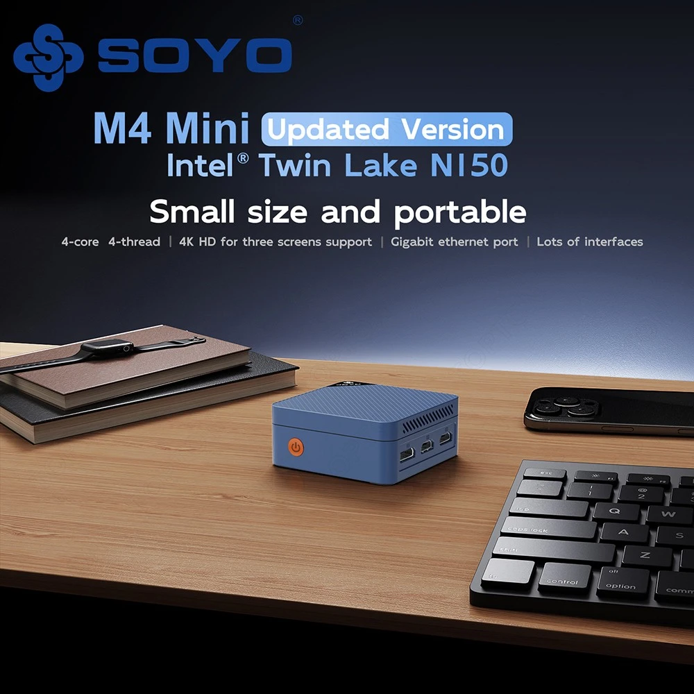 Mini PC SOYO M4, processeur Intel N150 4 cœurs, fréquence maximale : 3,6 GHz, 12 Go de RAM LPDDR5, SSD 512 Go, 2 ports HDMI + DP, triple écran 4K, Wi-Fi 5, Bluetooth 5.0, 3 ports USB 3.2, 1 port RJ45, 1 port Type-C, 1 port jack audio