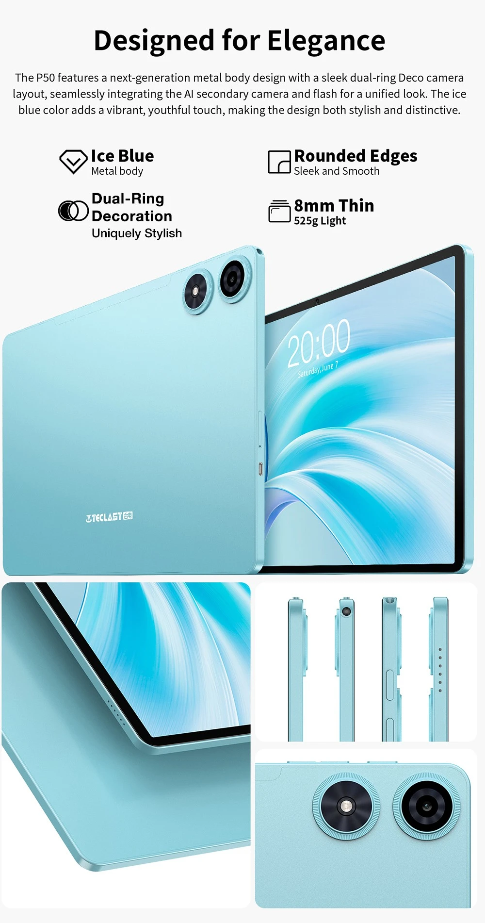 Teclast P50 Android 15 δισκίο, 11 ιντσών 800 * 1280 IPS οθόνη, Unisoc T606 8 πυρήνα Max 1.6GHz, 8GB + 12GB RAM επέκτασης 128GB ROM, 2.4/5GHz WiFi Bluetooth 5.0, 5MP+8MP κάμερα, GPS / Galileo / GLONASS / BDS, μπαταρία 7000mAh