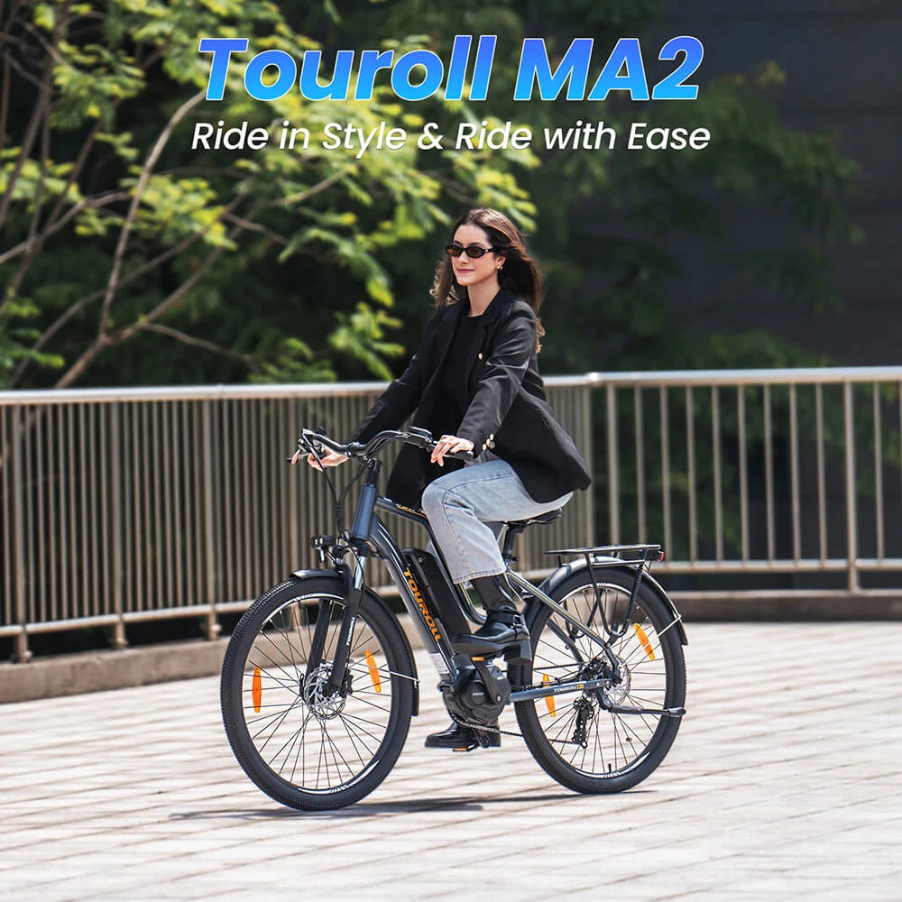 Touroll MA2 Electric Bike, 250W Mid-Drive Motor, 36V 13Ah Battery, 27.5” Tires, 25km/h Max Speed, 100km Max Range, Hydraulic Disc Brake, Suspension Fork with Lockout, Shimano 7-speed - Brown