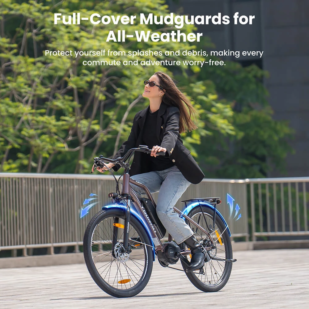 Touroll MA2 Electric Bike, 250W Mid-Drive Motor, 36V 13Ah Battery, 27.5” Tires, 25km/h Max Speed, 100km Max Range, Hydraulic Disc Brake, Suspension Fork with Lockout, Shimano 7-speed - Brown