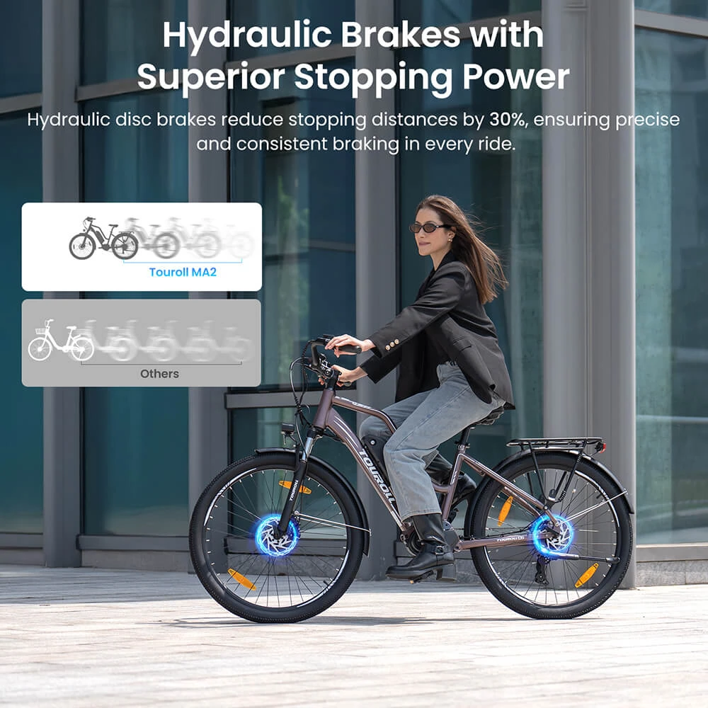 Touroll MA2 Electric Bike, 250W Mid-Drive Motor, 36V 13Ah Battery, 27.5” Tires, 25km/h Max Speed, 100km Max Range, Hydraulic Disc Brake, Suspension Fork with Lockout, Shimano 7-speed - Brown
