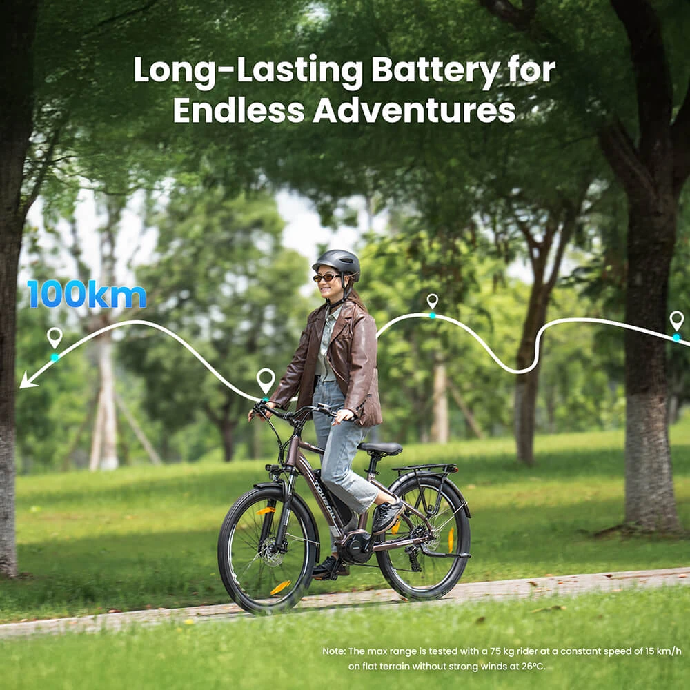 Touroll MA2 Electric Bike, 250W Mid-Drive Motor, 36V 13Ah Battery, 27.5” Tires, 25km/h Max Speed, 100km Max Range, Hydraulic Disc Brake, Suspension Fork with Lockout, Shimano 7-speed - Brown