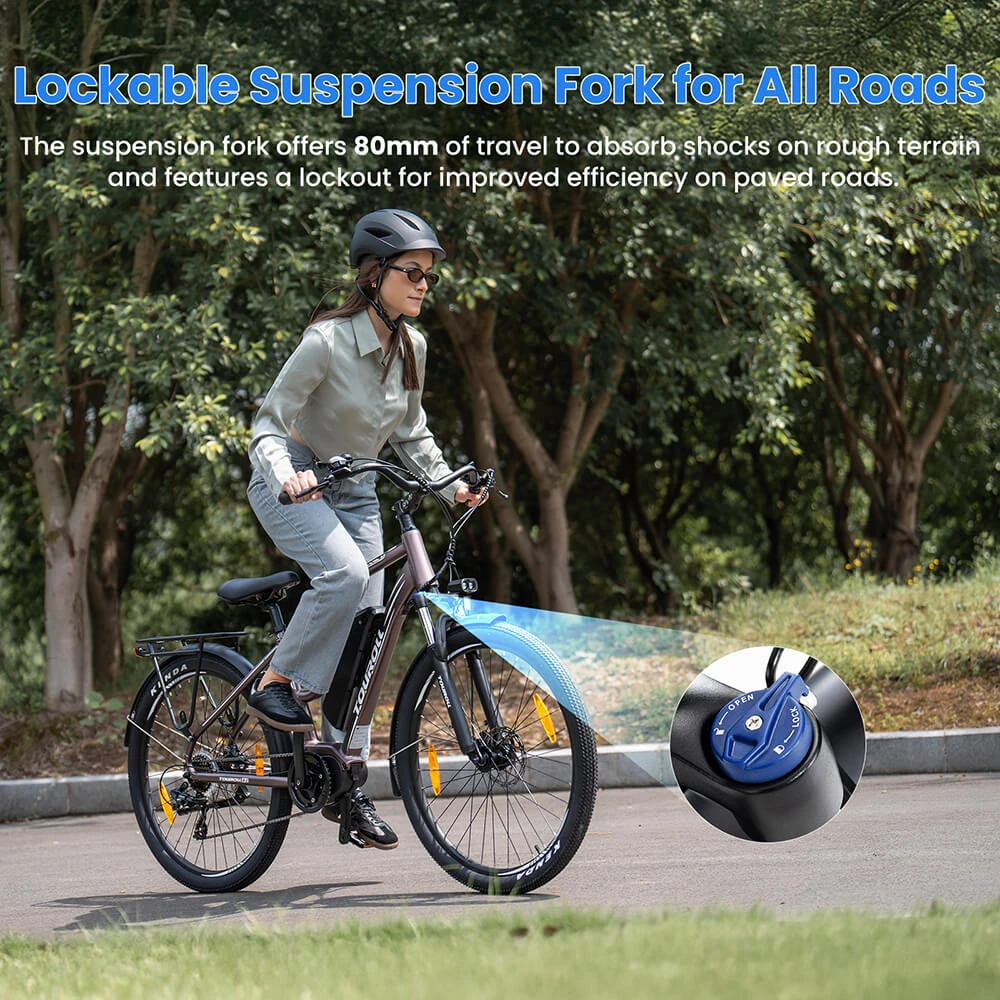 Touroll MA2 Electric Bike, 250W Mid-Drive Motor, 36V 13Ah Battery, 27.5” Tires, 25km/h Max Speed, 100km Max Range, Hydraulic Disc Brake, Suspension Fork with Lockout, Shimano 7-speed - Brown