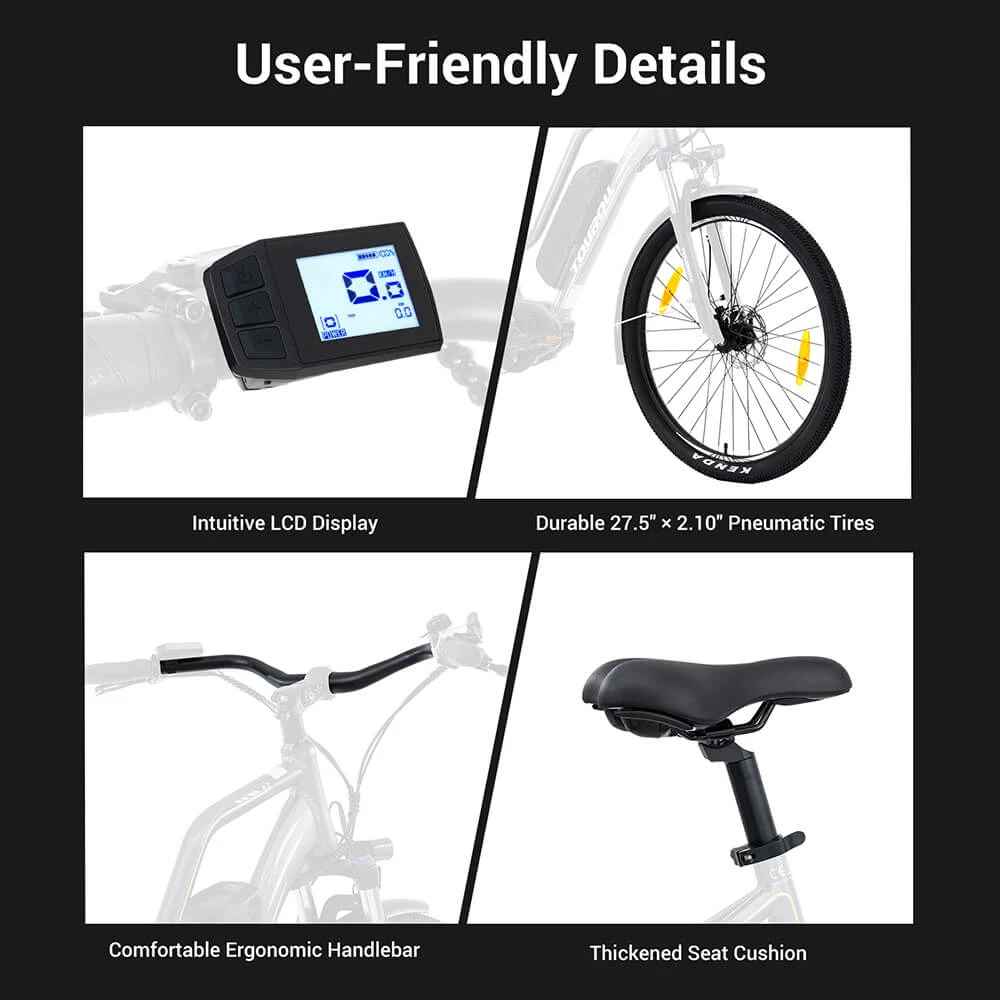 Touroll MA2 Electric Bike, 250W Mid-Drive Motor, 36V 13Ah Battery, 27.5” Tires, 25km/h Max Speed, 100km Max Range, Hydraulic Disc Brake, Suspension Fork with Lockout, Shimano 7-speed - Grey