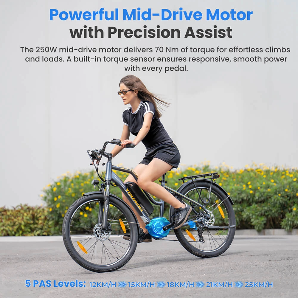 Touroll MA2 Electric Bike, 250W Mid-Drive Motor, 36V 13Ah Battery, 27.5” Tires, 25km/h Max Speed, 100km Max Range, Hydraulic Disc Brake, Suspension Fork with Lockout, Shimano 7-speed - Grey