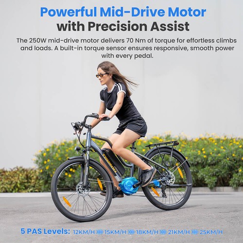 Touroll MA2 Electric Bike, 250W Mid-Drive Motor, 36V 13Ah Battery, 27.5” Tires, 25km/h Max Speed, 100km Max Range, Hydraulic Disc Brake, Suspension Fork with Lockout, Shimano 7-speed - Grey