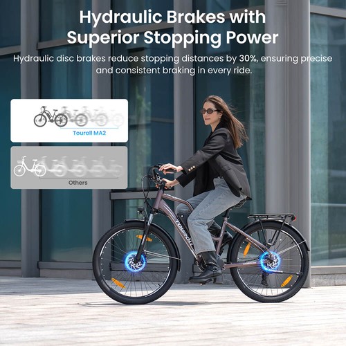 Touroll MA2 Electric Bike, 250W Mid-Drive Motor, 36V 13Ah Battery, 27.5” Tires, 25km/h Max Speed, 100km Max Range, Hydraulic Disc Brake, Suspension Fork with Lockout, Shimano 7-speed - Grey