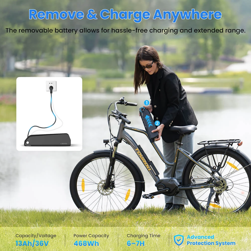 Touroll MA2 Electric Bike, 250W Mid-Drive Motor, 36V 13Ah Battery, 27.5” Tires, 25km/h Max Speed, 100km Max Range, Hydraulic Disc Brake, Suspension Fork with Lockout, Shimano 7-speed - Grey