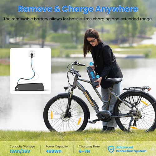 Touroll MA2 Electric Bike, 250W Mid-Drive Motor, 36V 13Ah Battery, 27.5” Tires, 25km/h Max Speed, 100km Max Range, Hydraulic Disc Brake, Suspension Fork with Lockout, Shimano 7-speed - Grey