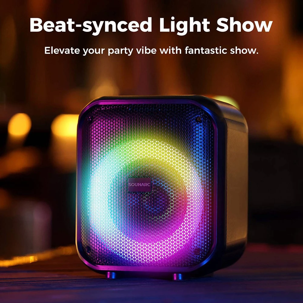 Sounarc L1 Party-Lautsprecher – Kompakte Leistung, endlose Partys 1 Der Sounarc L1 Party-Lautsprecher ist eingeschaltet und verfügt über eine dynamische RGB-Beleuchtung.