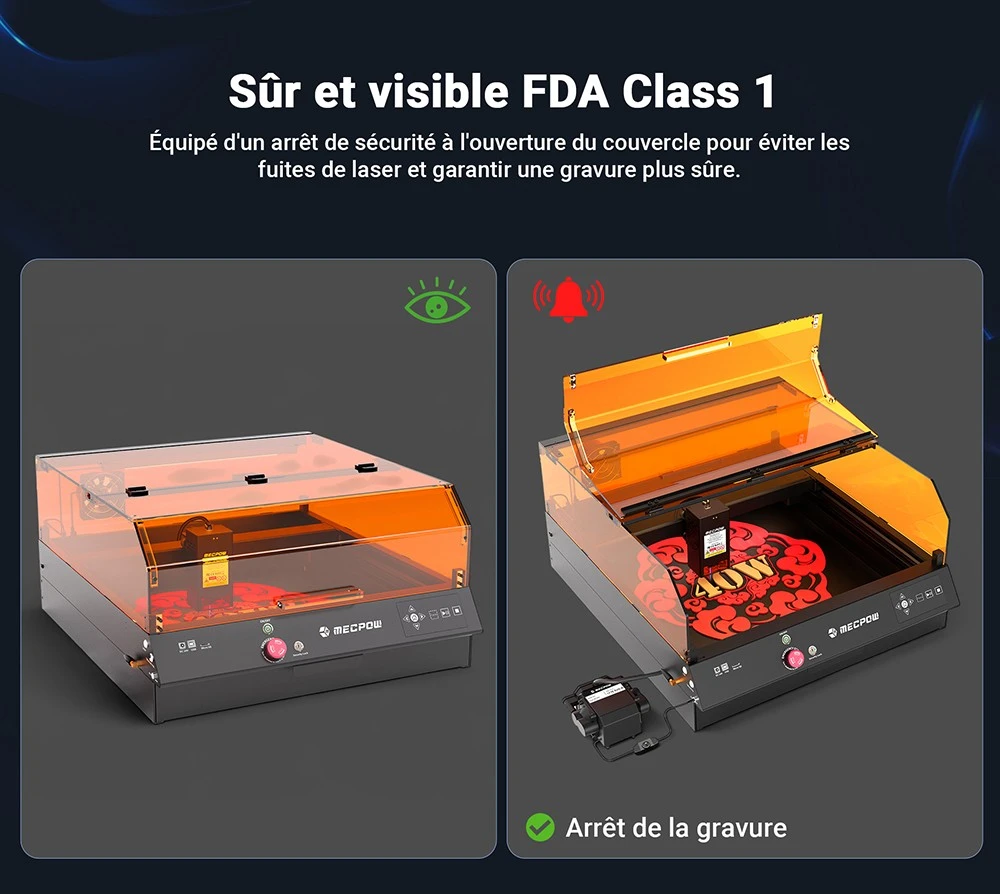 Mecpow X4 Pro 40W Graveur Laser, Classe 1 FDA, Avec Caméra, 400*398mm