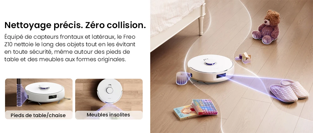 Aspirateur robot laveur NARWAL Freo Z10, anti-emmêlement, aspiration 15 000 Pa, s'adapte aux zones difficiles d'accès, autovidage, lavage et séchage à la serpillière, évite les obstacles, pour poils d'animaux et sols durs, blanc