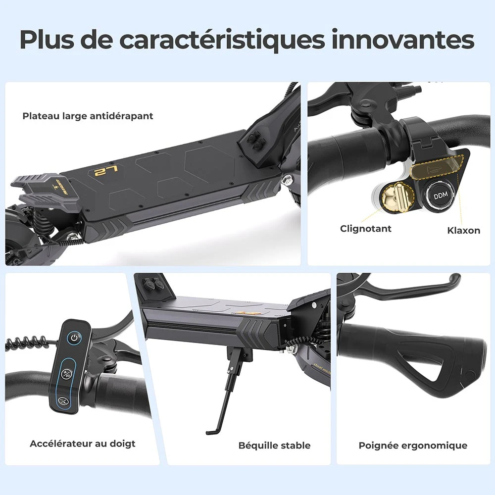 Ausom L2 Trottinette électrique, moteur 2 x 800 W, batterie 48 V 15,6 Ah, pneus 10 pouces, vitesse maximale 55 km/h, autonomie 70 km, freins à disque avant et arrière, suspension à bras oscillant, écran LCD