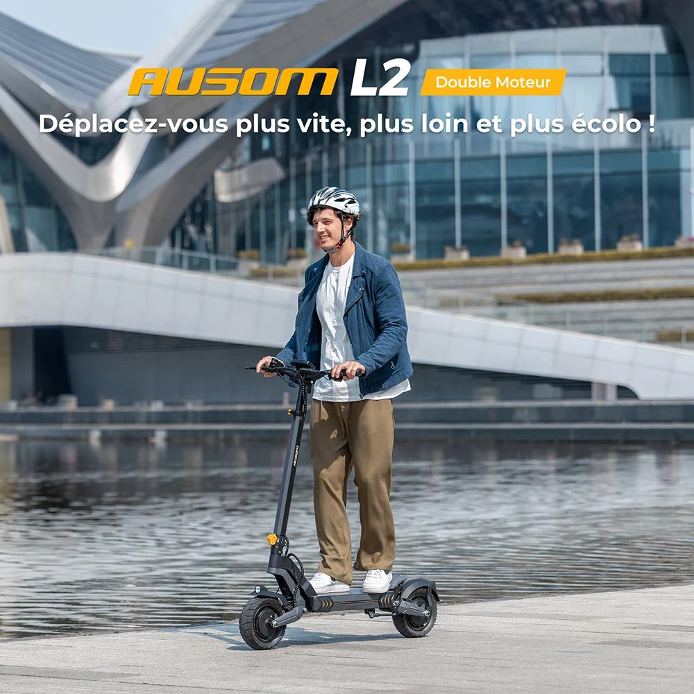 Ausom L2 Trottinette électrique, moteur 2 x 800 W, batterie 48 V 15,6 Ah, pneus 10 pouces, vitesse maximale 55 km/h, autonomie 70 km, freins à disque avant et arrière, suspension à bras oscillant, écran LCD