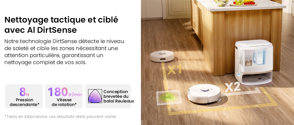 Aspirateur robot laveur NARWAL Freo Z10, anti-emmêlement, aspiration 15 000 Pa, s'adapte aux zones difficiles d'accès, autovidage, lavage et séchage à la serpillière, évite les obstacles, pour poils d'animaux et sols durs, blanc