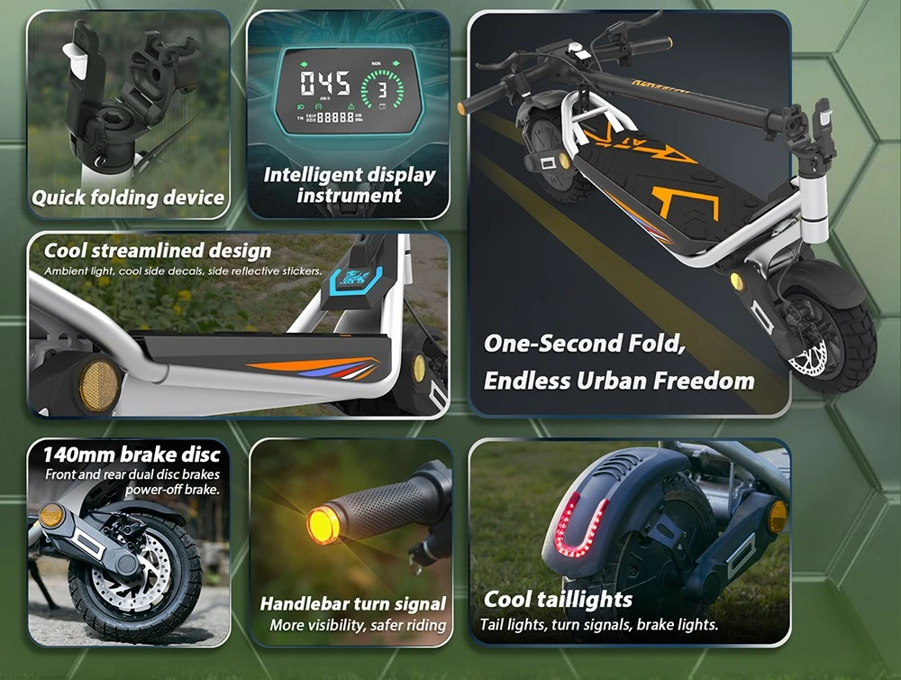 Trottinette électrique pliable Kukirin A1, moteur 800 W, batterie 48 V 13 Ah, pneus 10 pouces à chambre à air, vitesse maximale 45 km/h, autonomie 45 km, freins à disque avant et arrière, suspensions avant et arrière