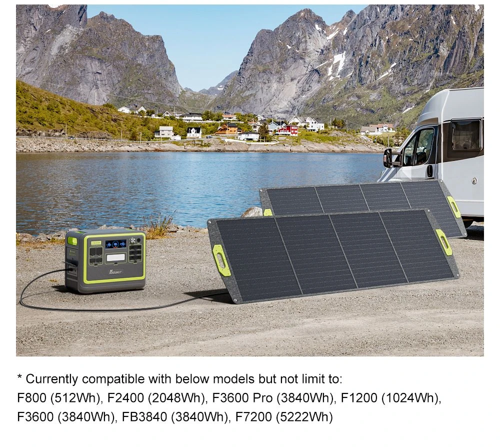FOSSiBOT SP200 (Nouveau) 200W Panneau solaire pliable, Rendement cellulaire élevé 23,4%, Revêtement ETFE, Supports réglables pour maison, camping-car, camping, panne - Vert