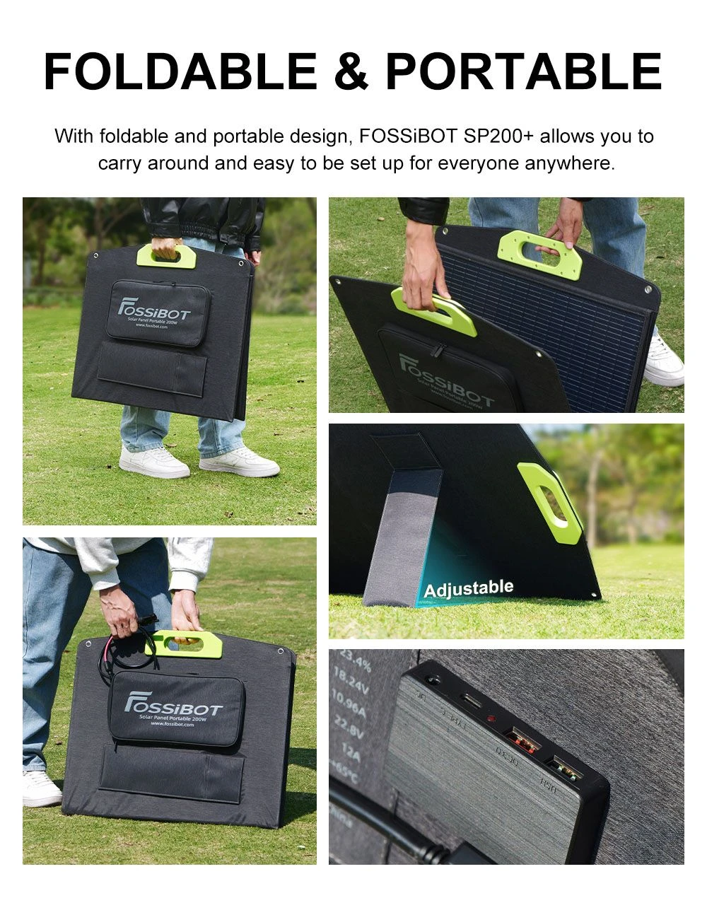 FOSSiBOT SP200 (Nouveau) 200W Panneau solaire pliable, Rendement cellulaire élevé 23,4%, Revêtement ETFE, Supports réglables pour maison, camping-car, camping, panne - Vert